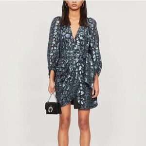 ba&sh Metallic Jacquard Wrap Mini Dress Puff Sleeve XS